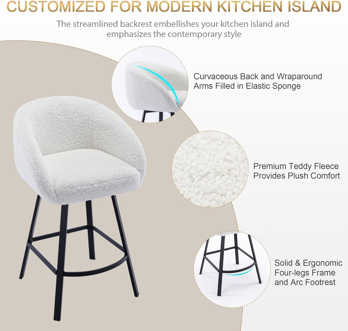 26 Inch Swivel Counter Stool White Sherpa Upholstered Bar Stool For Kitchen Counter