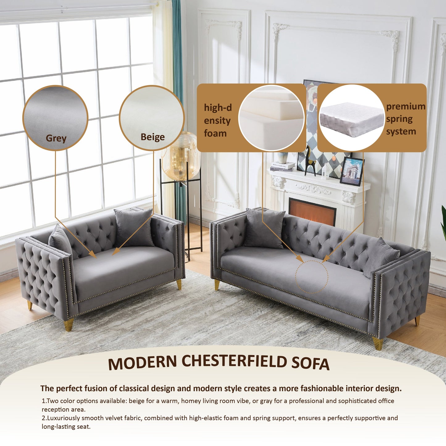Chesterfield Velvet Sofa - 3+2 Seater Deep Seat Sofa