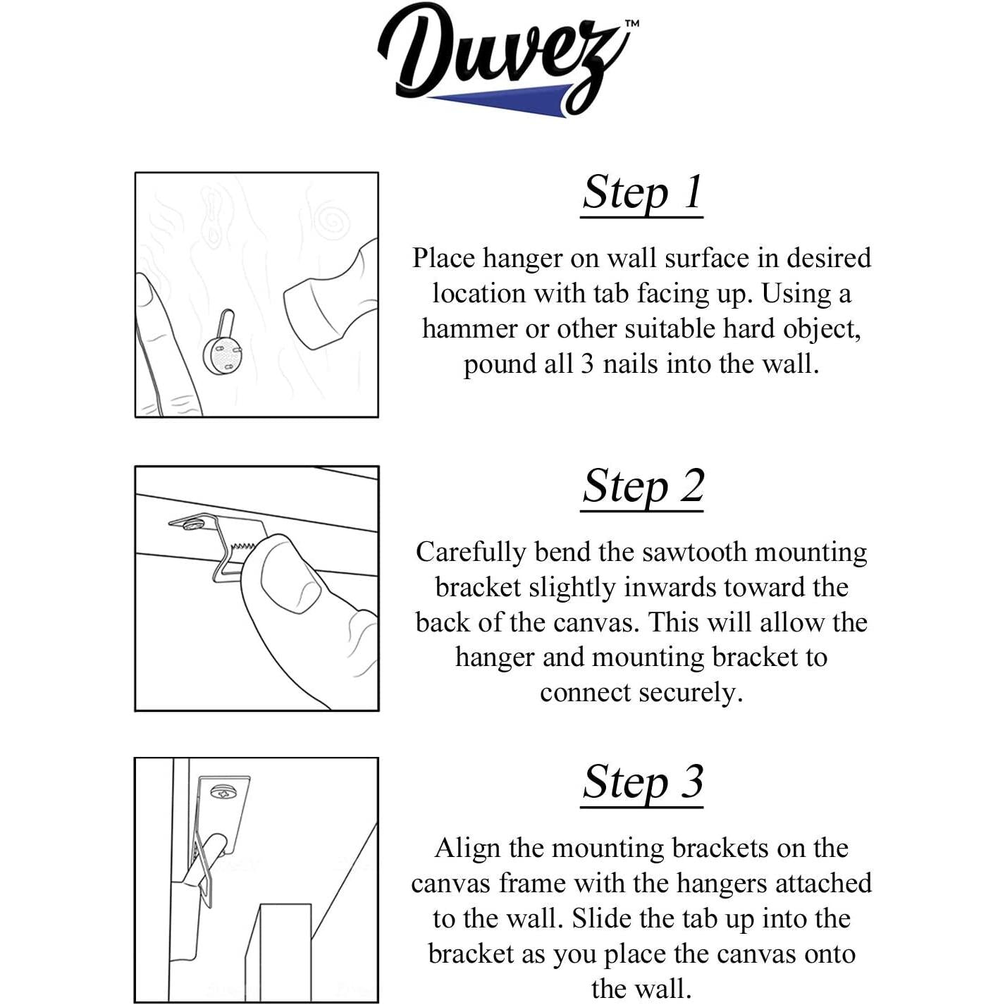 Instructions for hanging Duvez art: Step 1 to Step 3 guide for proper installation on wall.