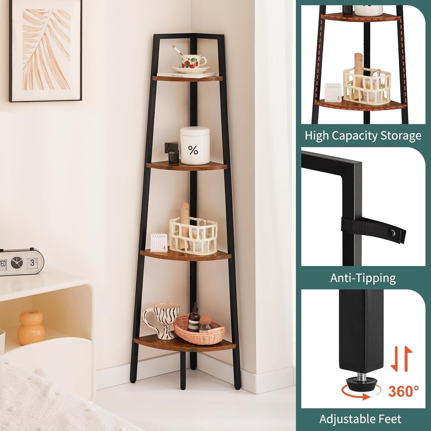 4 Tier Corner Bookshelf With Metal Frame Ladder Display