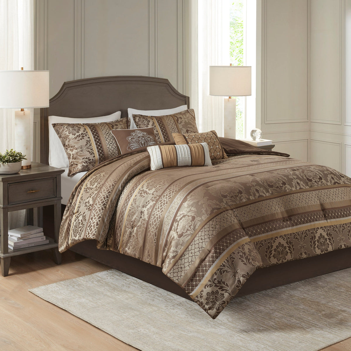 7 Piece Jacquard Comforter Set Brown/Gold King