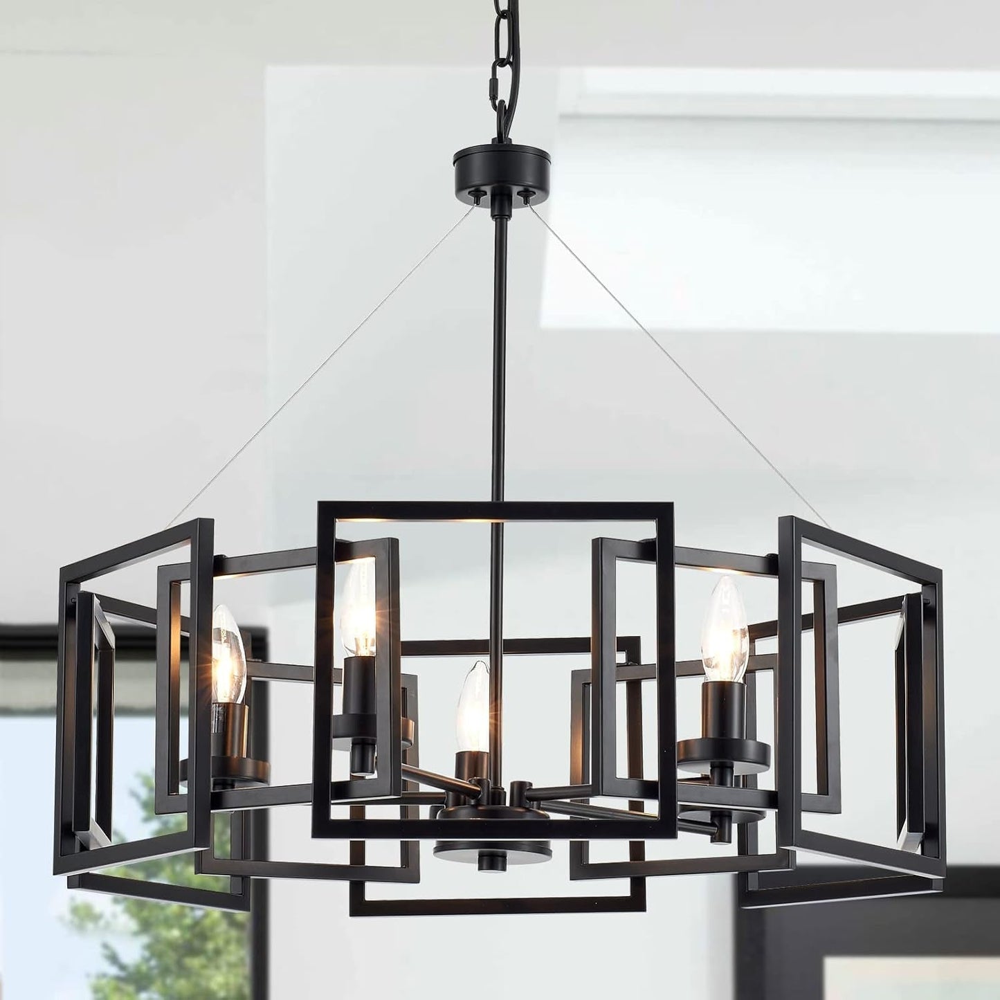 Industrial Style Five Light Matte Black Pendant Chandelier featuring geometric design and minimalist lines.