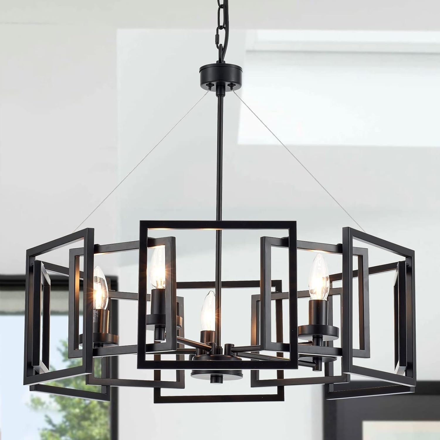 Industrial Style Five Light Matte Black Pendant Chandelier featuring geometric design and minimalist lines.