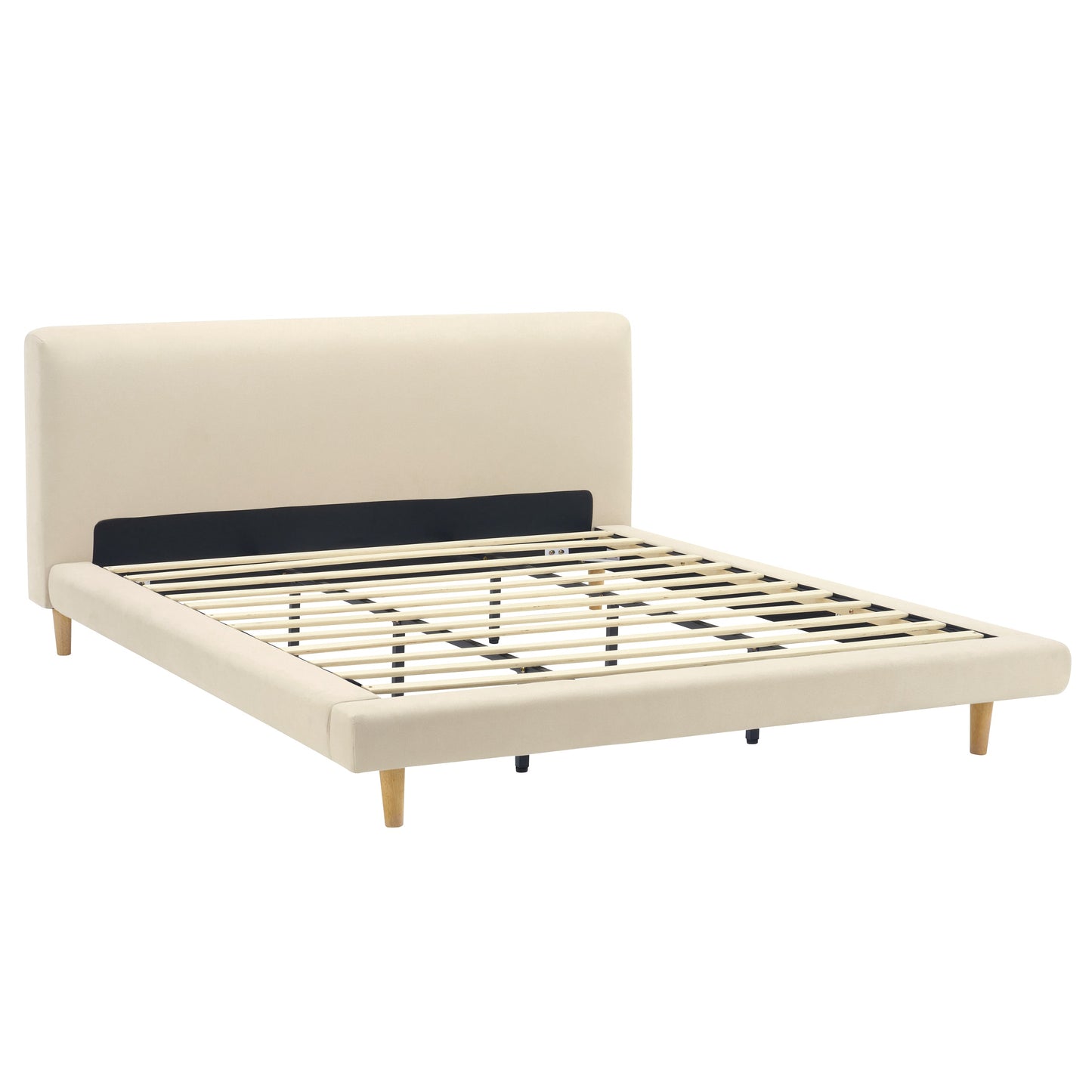 Beige Chunky Headboard Bed Frame, Solid Rubberwood Legs, Cal-King