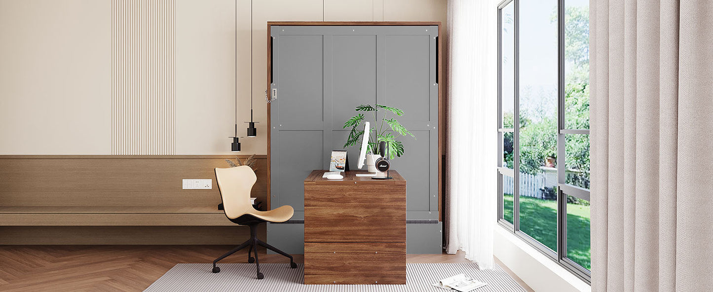 Full Size Murphy Bed with Foldable Desk – Space Saving Wall Bed - Walnut & Gray