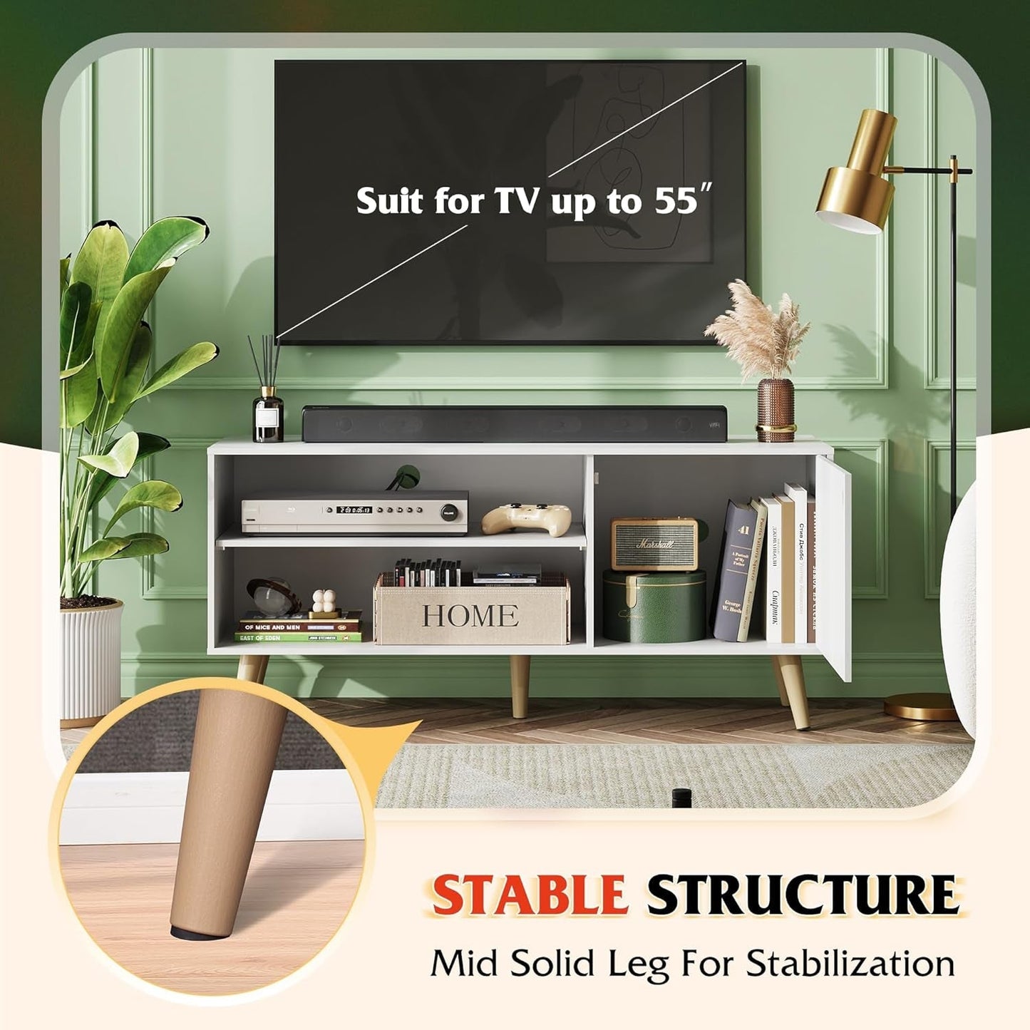 55-Inch TV Stand White Mid-Century Modern Storage Shelves