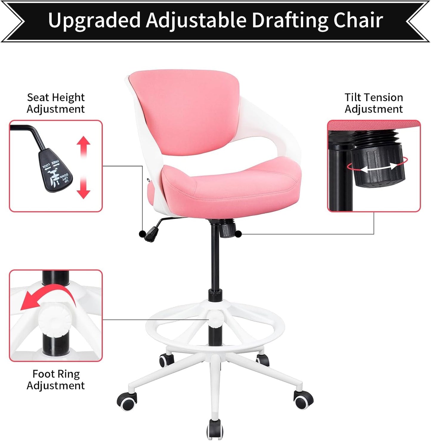 Ergonomic Drafting Chair Pink With Lumbar Support All Day