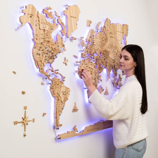 3D Solid Wooden World Map - Ash