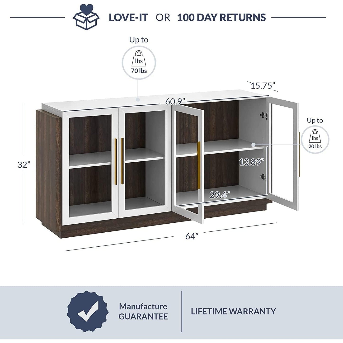 Brixston Modern Wood Glass Buffet Cabinet 64 Inch Wide