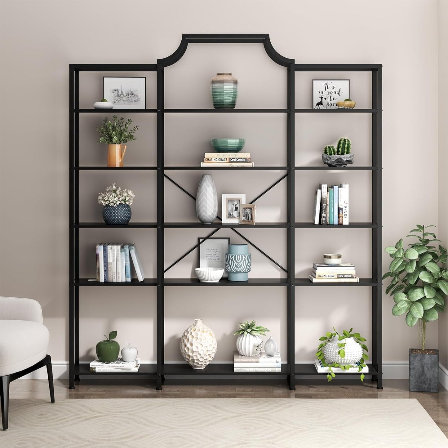Triple Wide Five Tier Bookshelf For Living Room Organization