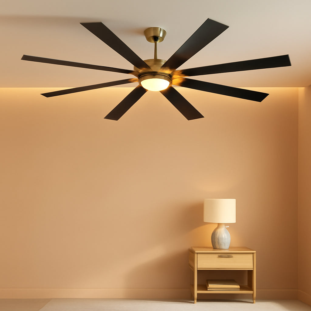 72 Inch Black And Gold Ceiling Fan With Remote Light in modern room with warm lighting and nightstand.