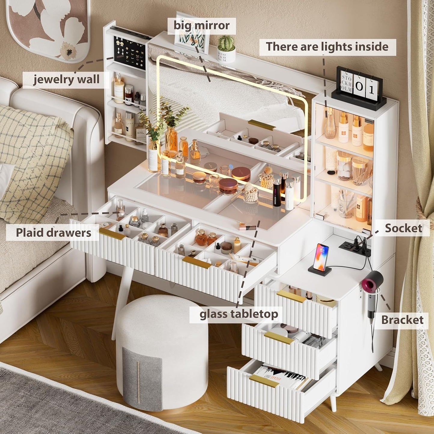 Vanity Desk with with Mirror and Lights, Makeup Vanity Table with Glass Top ,Dressing Table with Drawers, Bedroom Makeup Table for Women (White-Glass top)