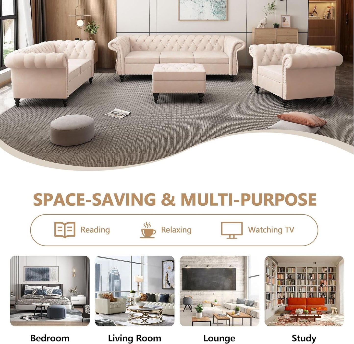 Beige Velvet 3 Piece Living Room Set With Chesterfield Sectional Sofa And Loveseat