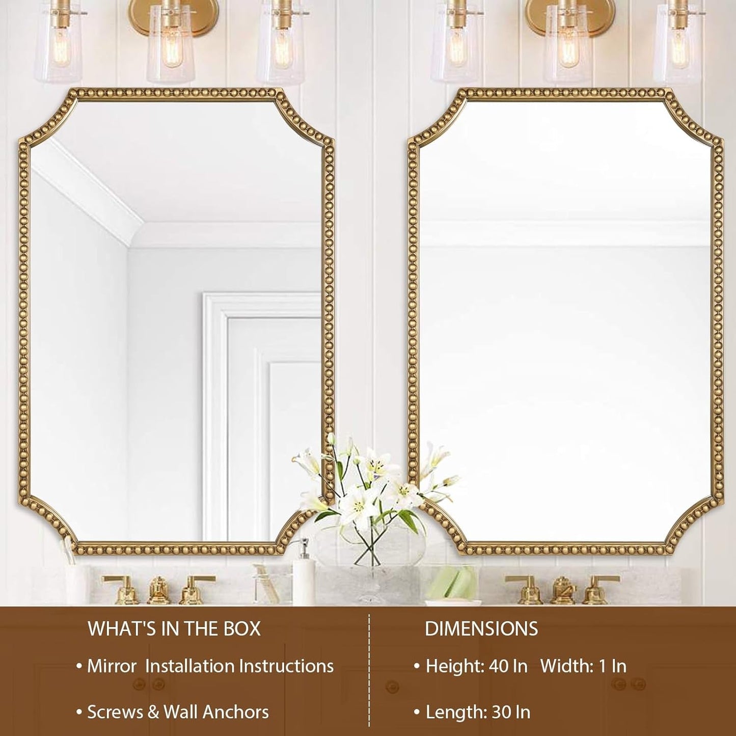 30 X 40 Inch Wall Mirror With Antique Gold Beaded Frame