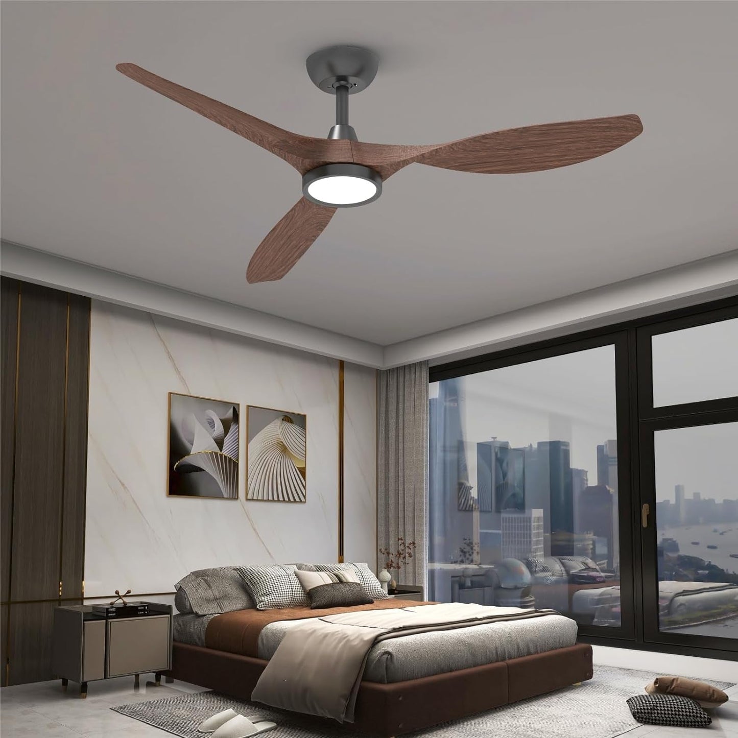 52 Inch Black Ceiling Fan With Lights And Remote Control in a modern bedroom setting.
