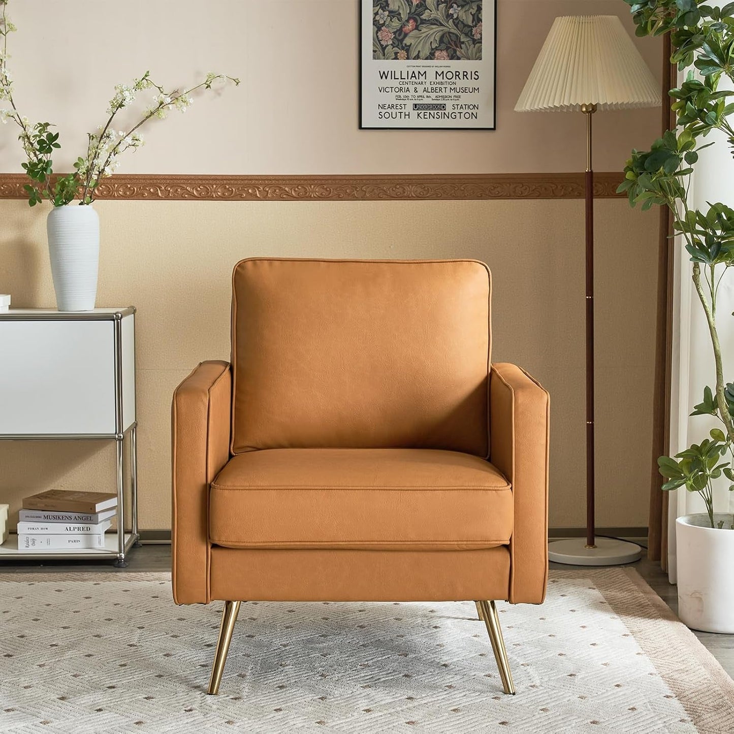 Brown PU Leather Accent Chairs Set Of 2 With Gold Legs