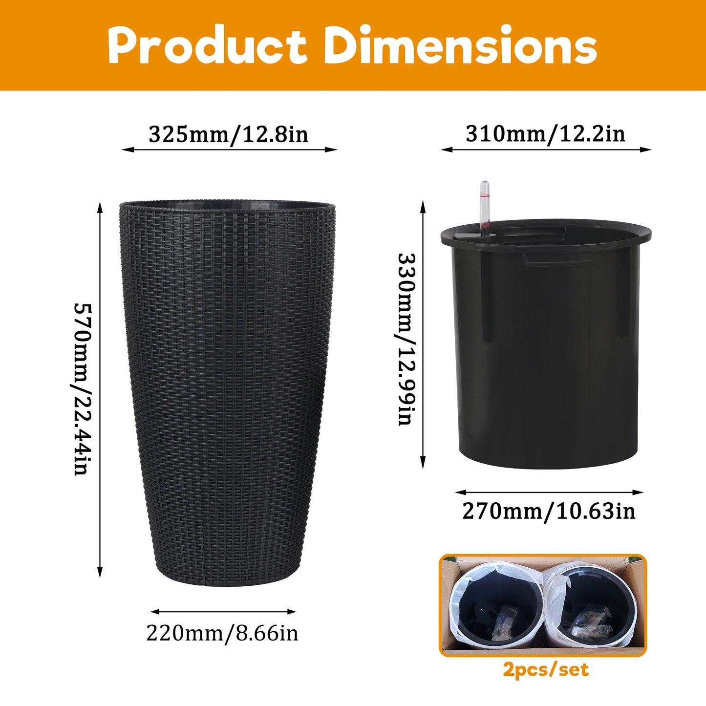 Set of 2 Faux Rattan Tall Planters with Automatic Watering System