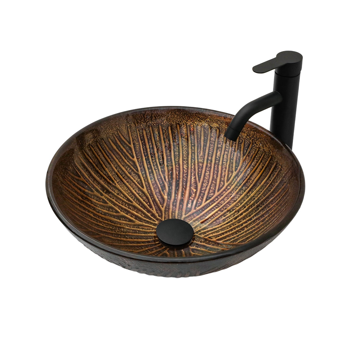 Artistic Feather Pattern Amber Tempered Glass Vessel Sink