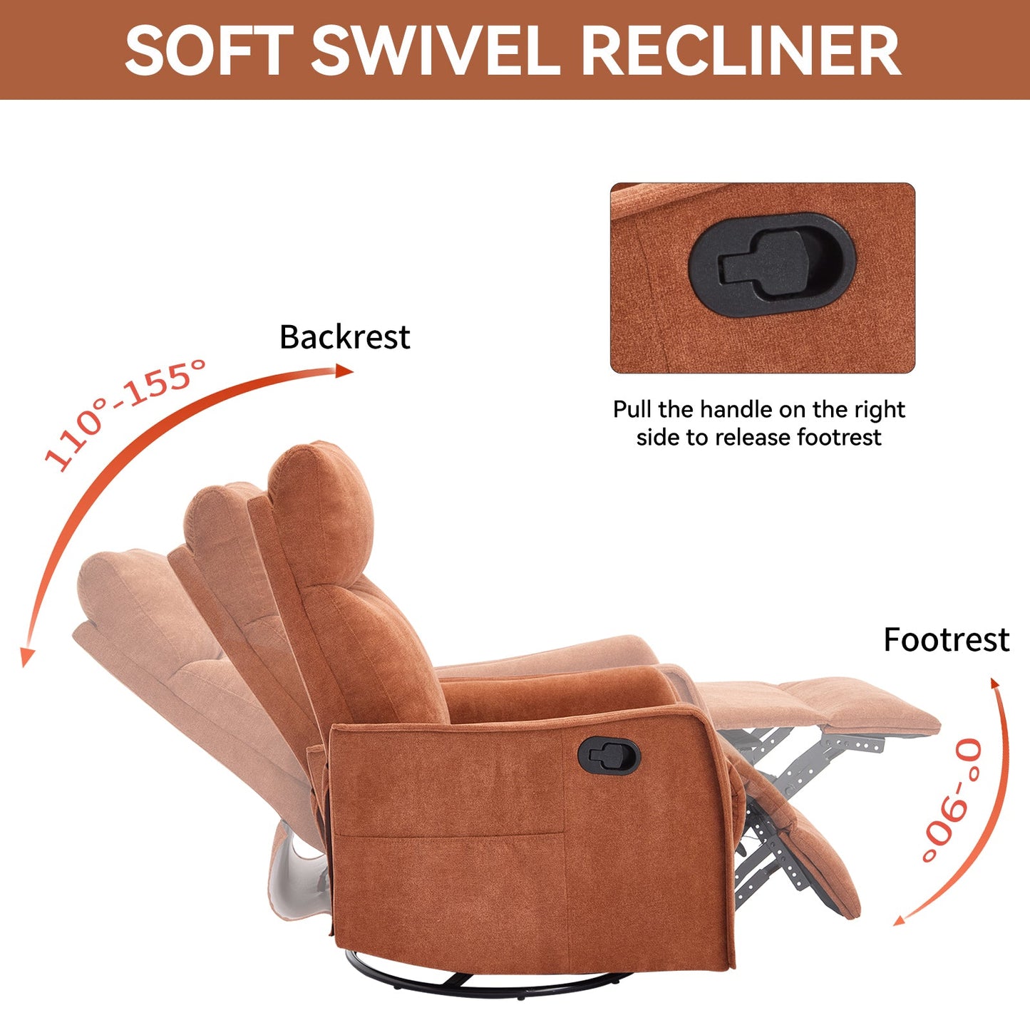 Heat Massage Manual Recliner Chair with Rocker and Swivel in Fabric for Living Room, Orange