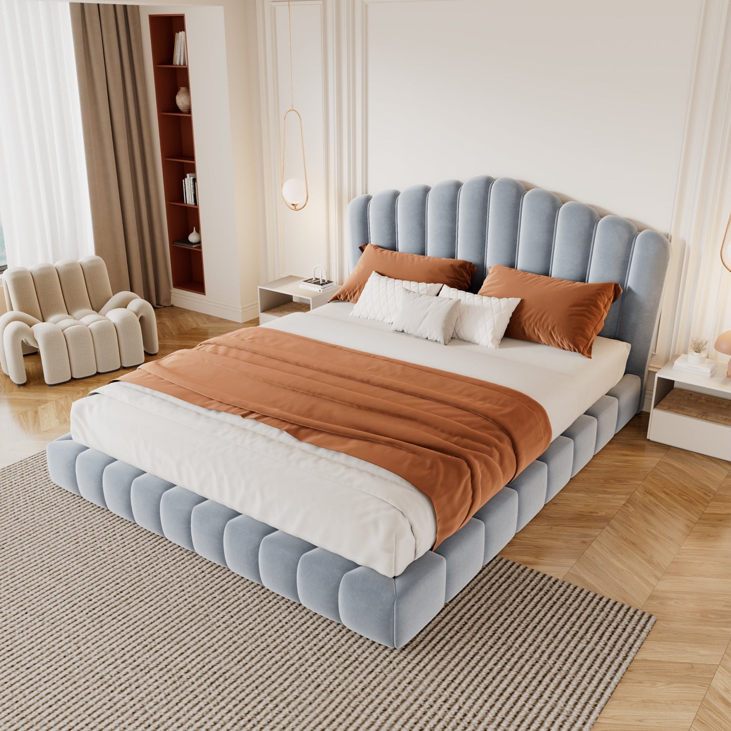 Velvet Upholstered Queen Bed Frame with Shell-Shaped Headboard