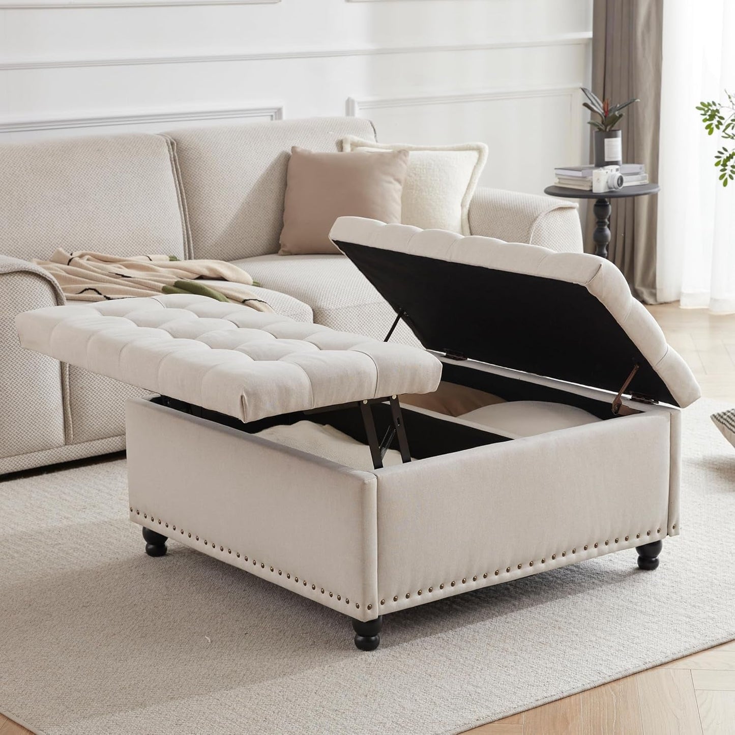 Beige Oversized Storage Ottoman Featuring Lift Top