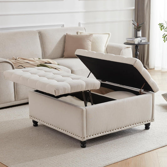 Beige Oversized Storage Ottoman Featuring Lift Top