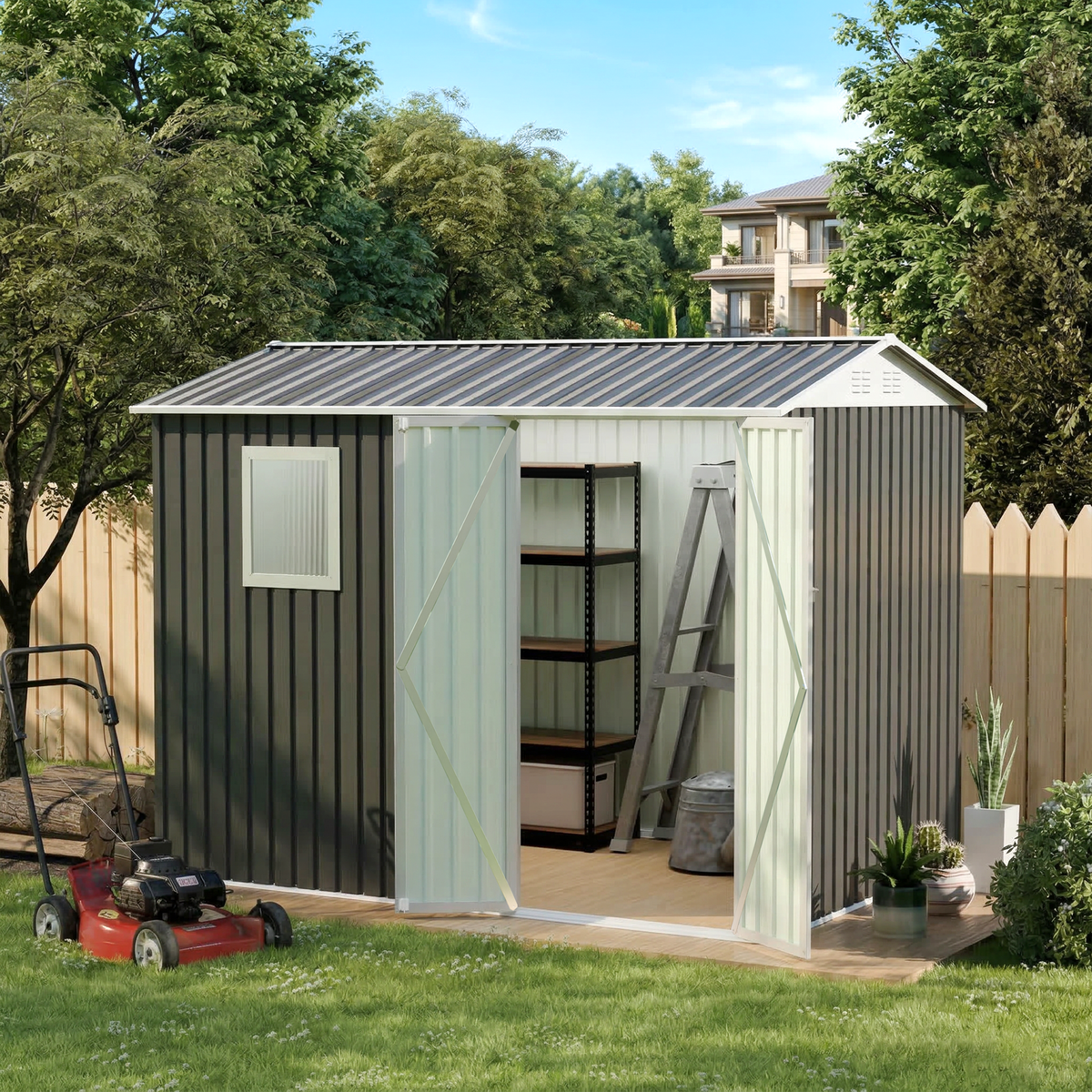 9x6 FT Metal Garden Shed with Windows