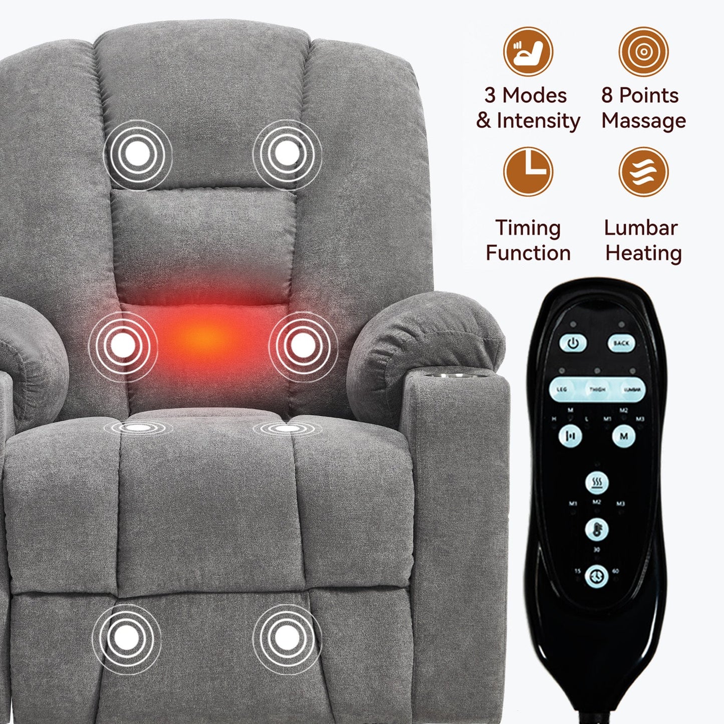 Power Lift Recliner Chair with Massage and Heat for Elderly, Overstuffed Wide Recliners, Heavy Duty Motion Mechanism with USB and Type C Ports, 2 Steel Cup Holders, Light Grey