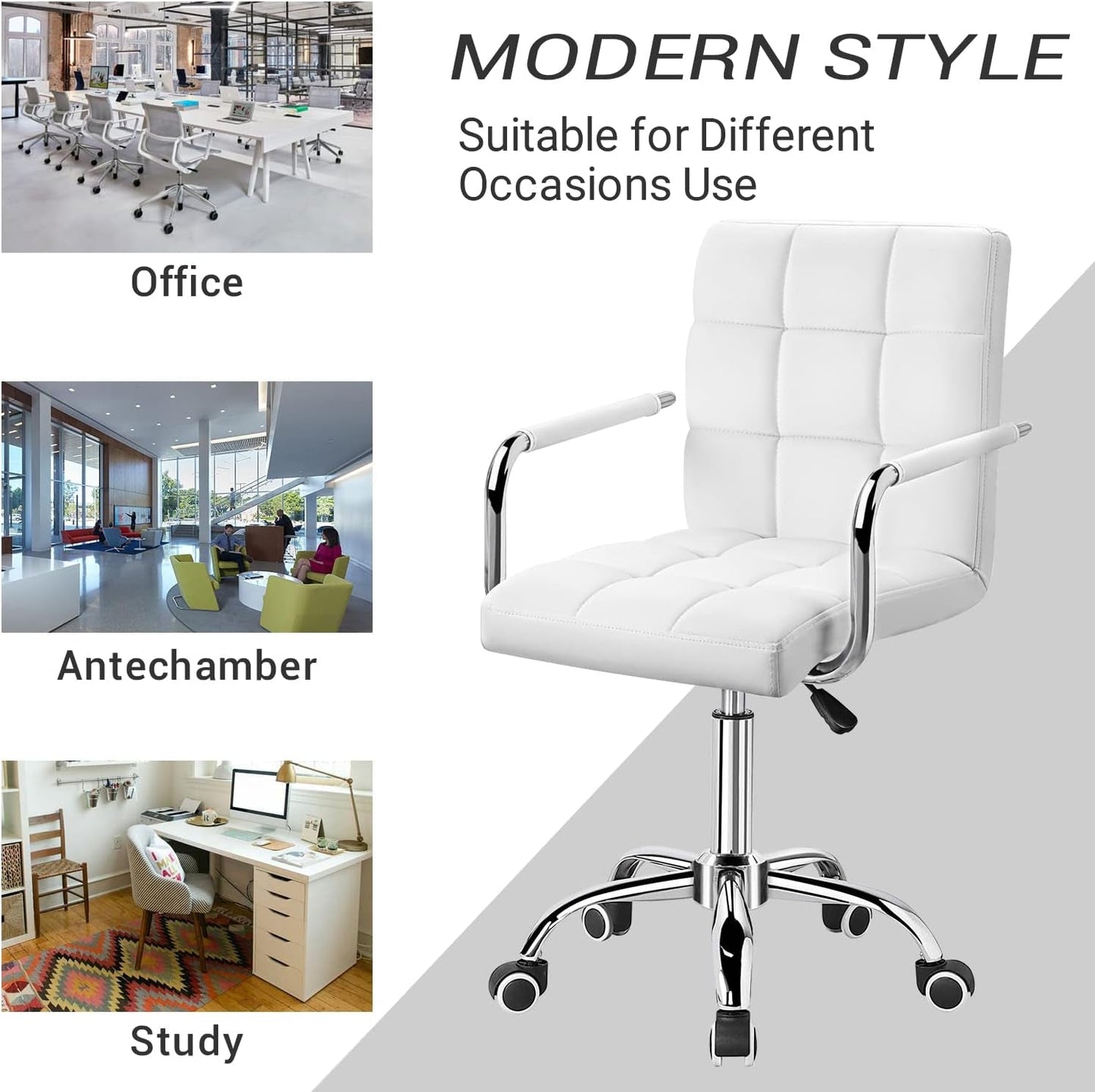 White Mid Back Office Task Chair With Adjustable Height And 360 Degree Swivel