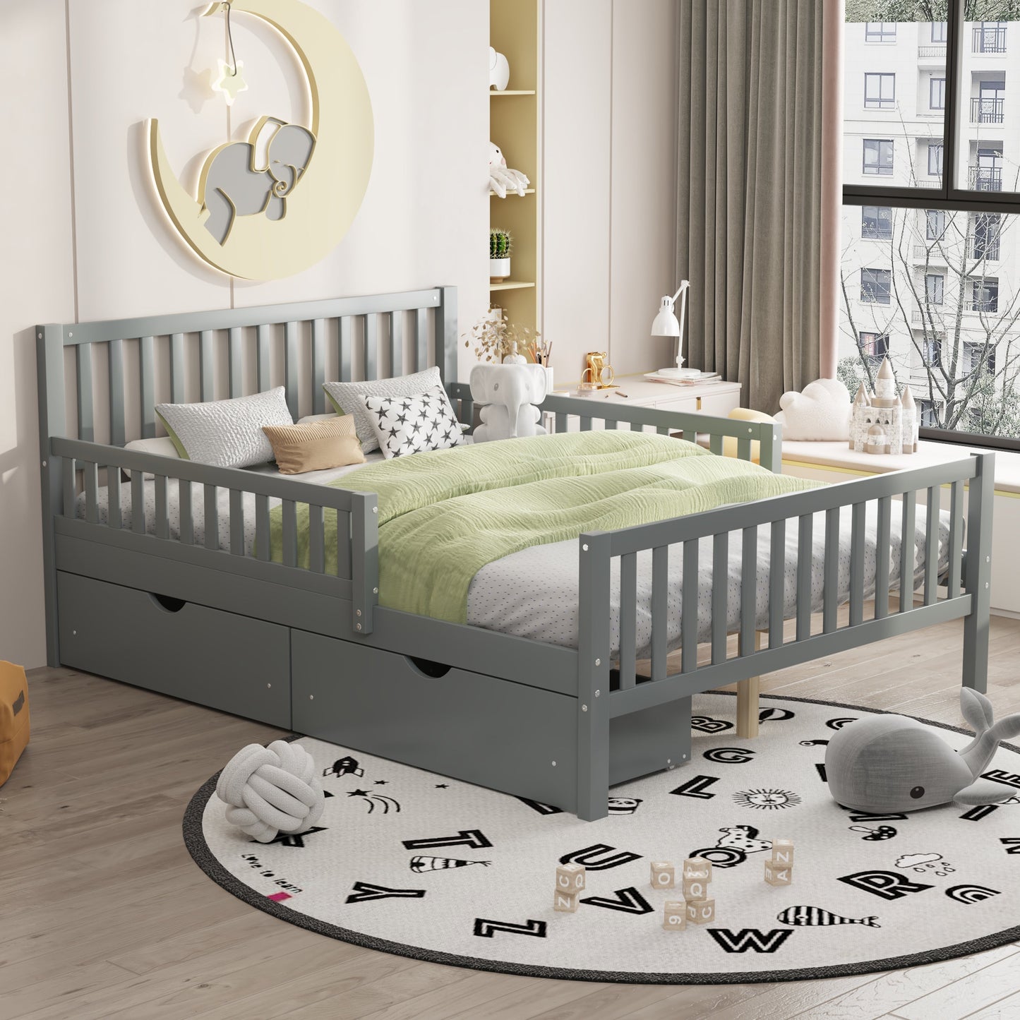 Full Size Wood Platform Bed with Guardrails on Both Sides and Two Storage Drawers