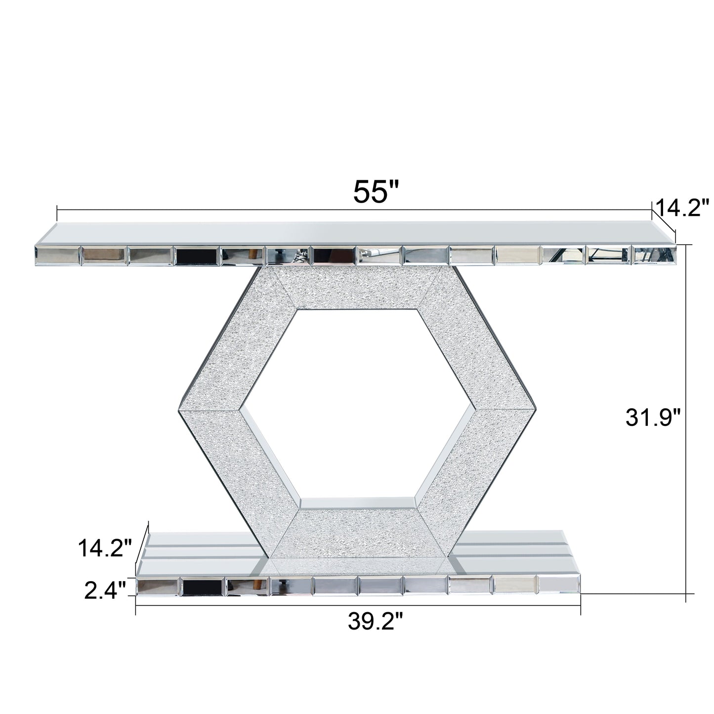 Sparkling Crystal Hexagon Mirror Entryway - Premium Modern Foyer Console Table with Diamond Glass Effects, Dual-Tier Luxury Sofa Table