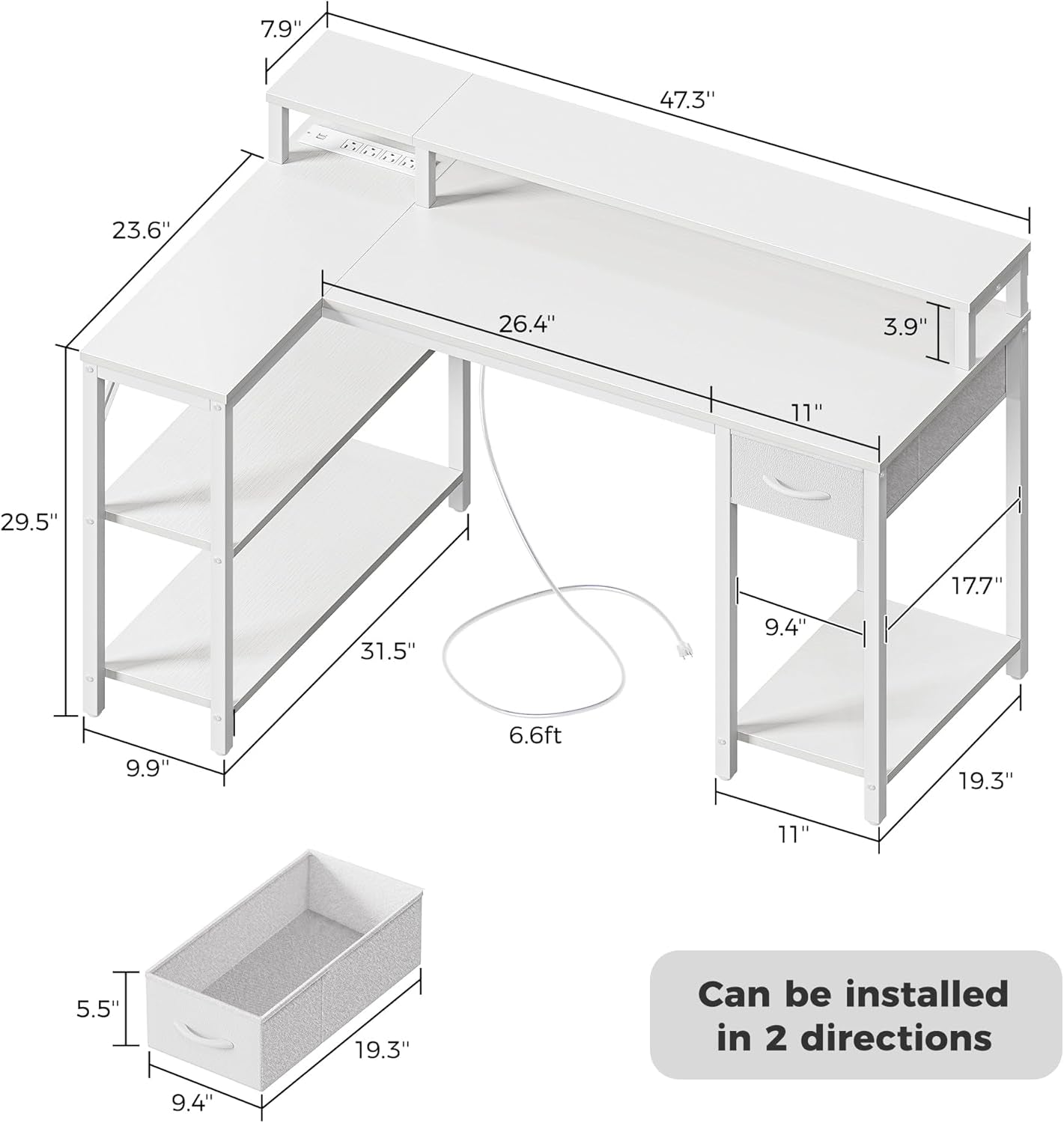 47 Inch White L Shaped Desk With LED Power Drawer Unit