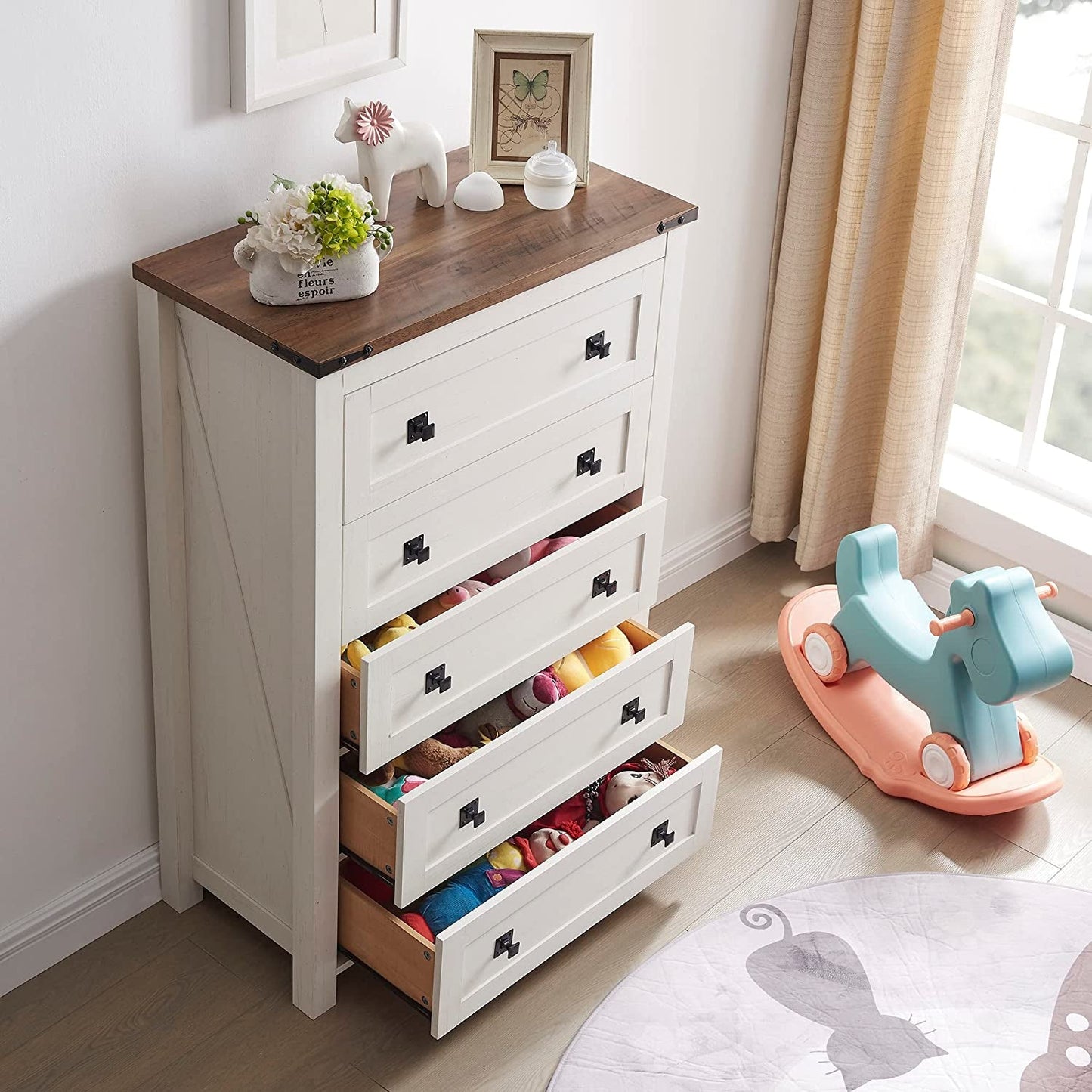 Antique White Rustic 5 Drawer Dresser For Bedroom Storage