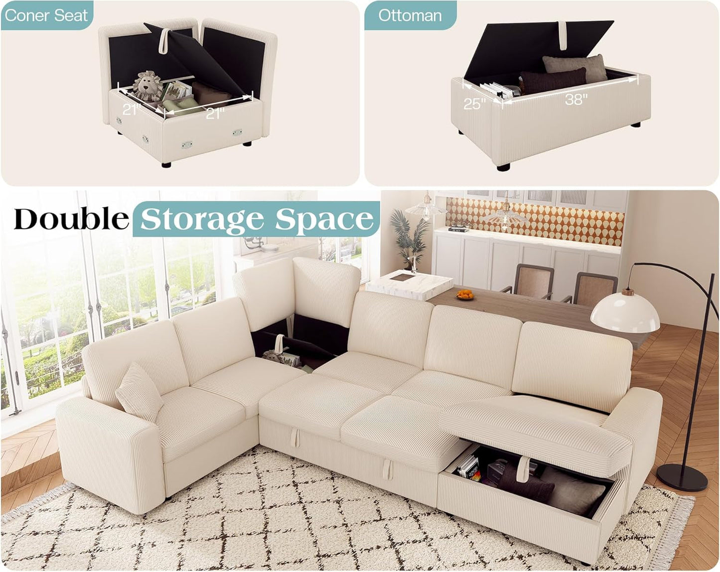 130 Inch Beige Corduroy Sectional Sofa Bed Storage Compartment
