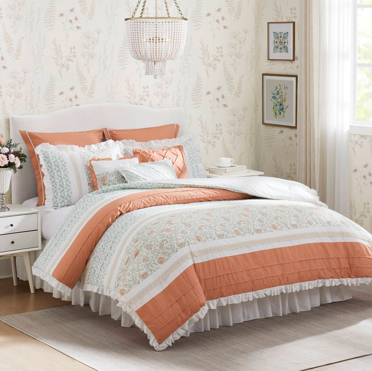 9 Piece Cotton Percale Comforter Set - Coral Queen