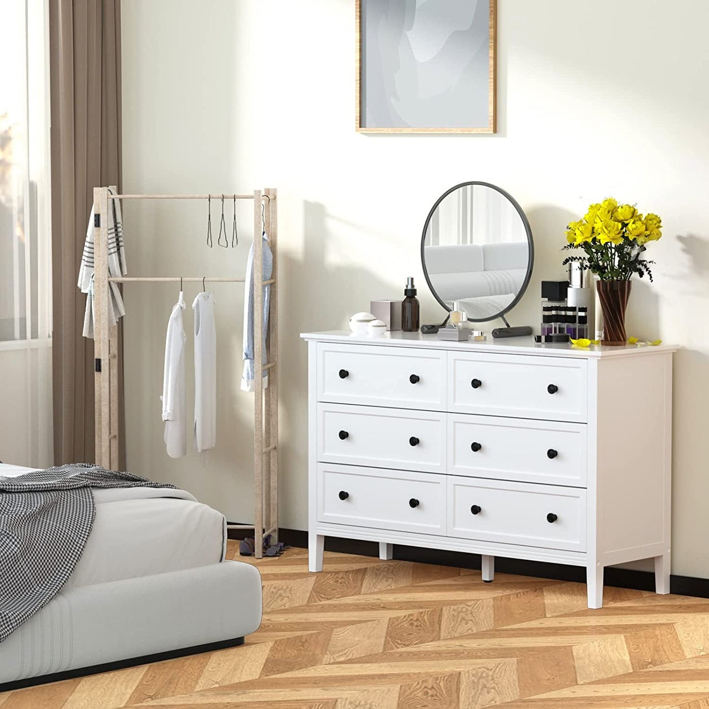 Modern White 6-Drawer Dresser With Metal Handles Bedroom