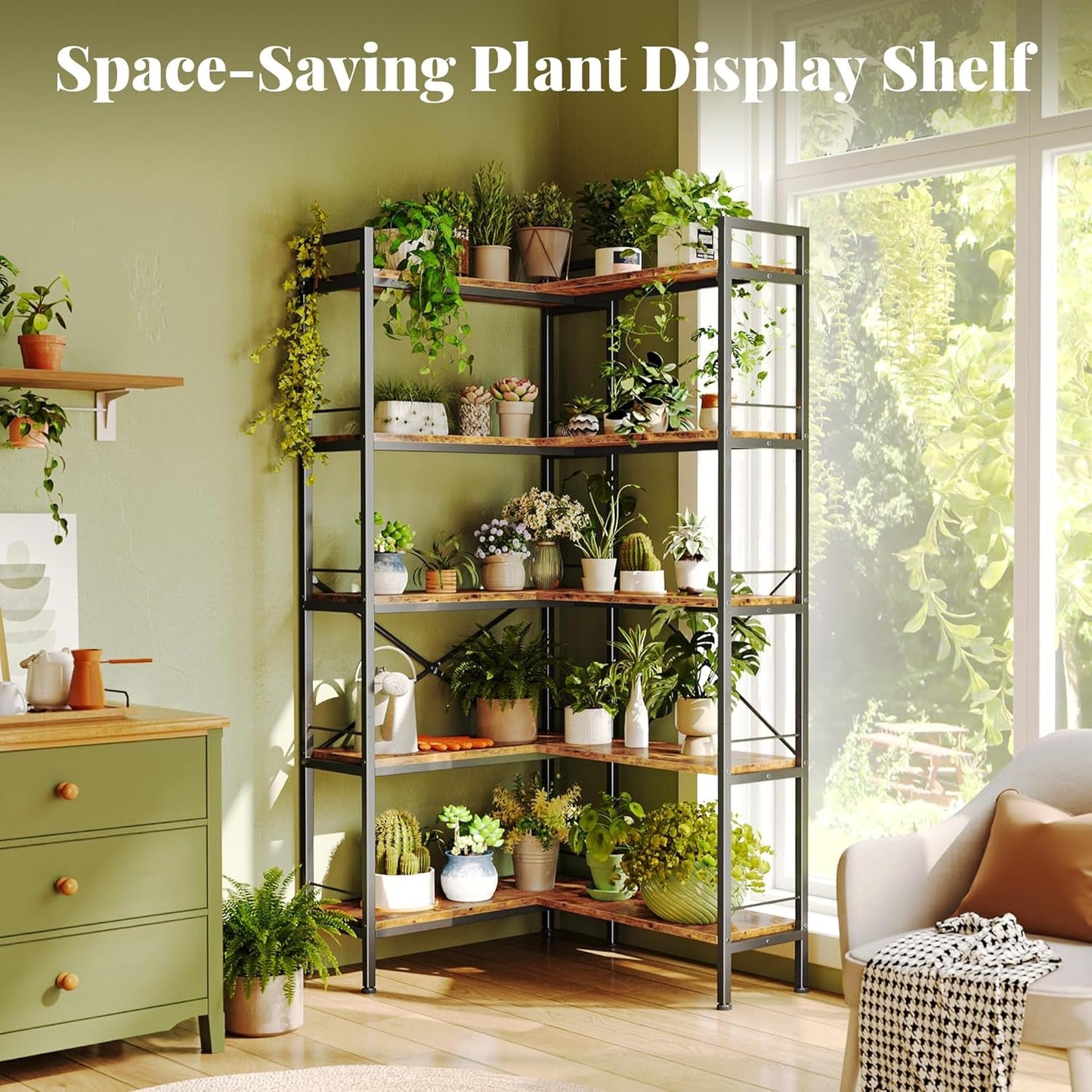 L Shaped Corner Bookshelf 49 Inch Rustic Brown Wood Metal Frame