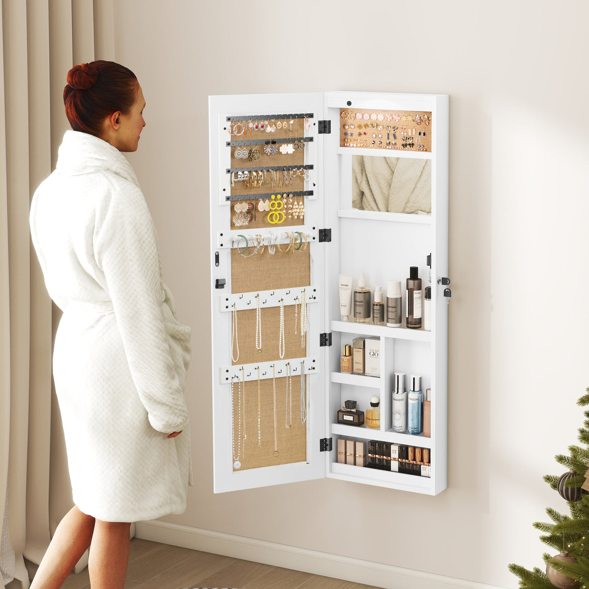 Solid Wood Jewelry Armoire Organizer Cabinet with Full-Length Mirror