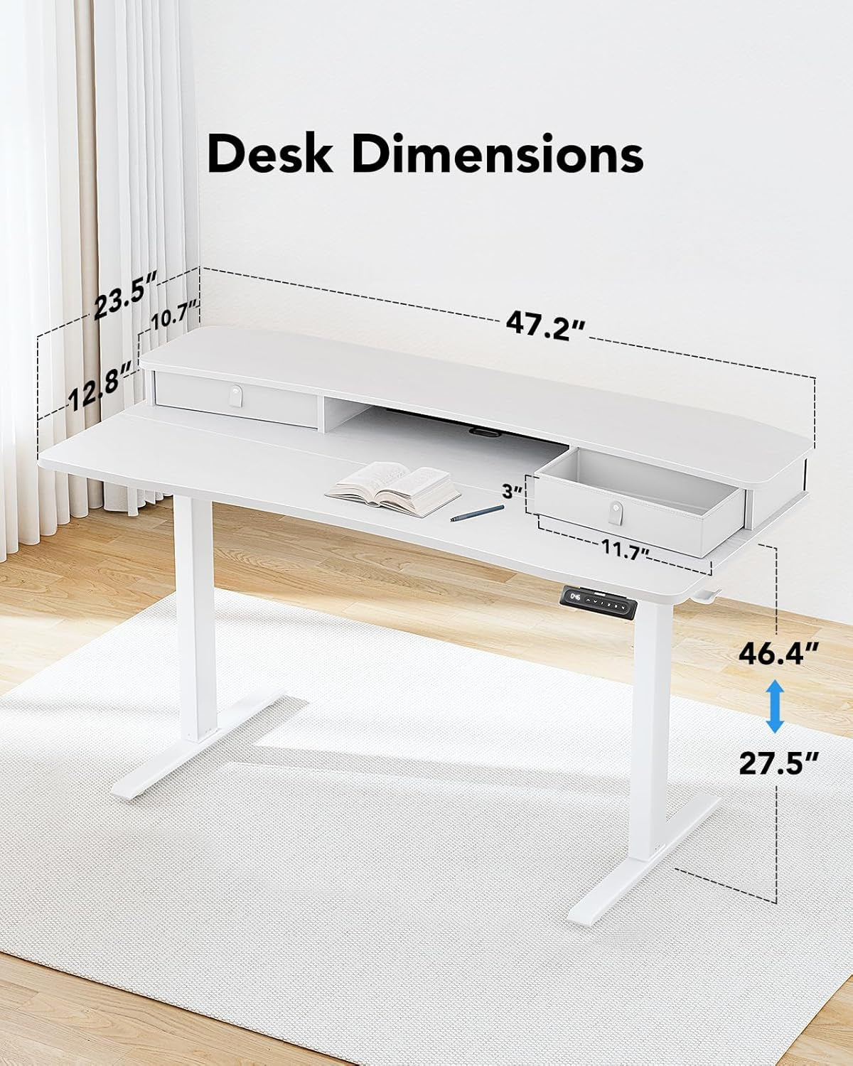 48 By 24 Electric Standing Desk With 2 Drawers White Finish