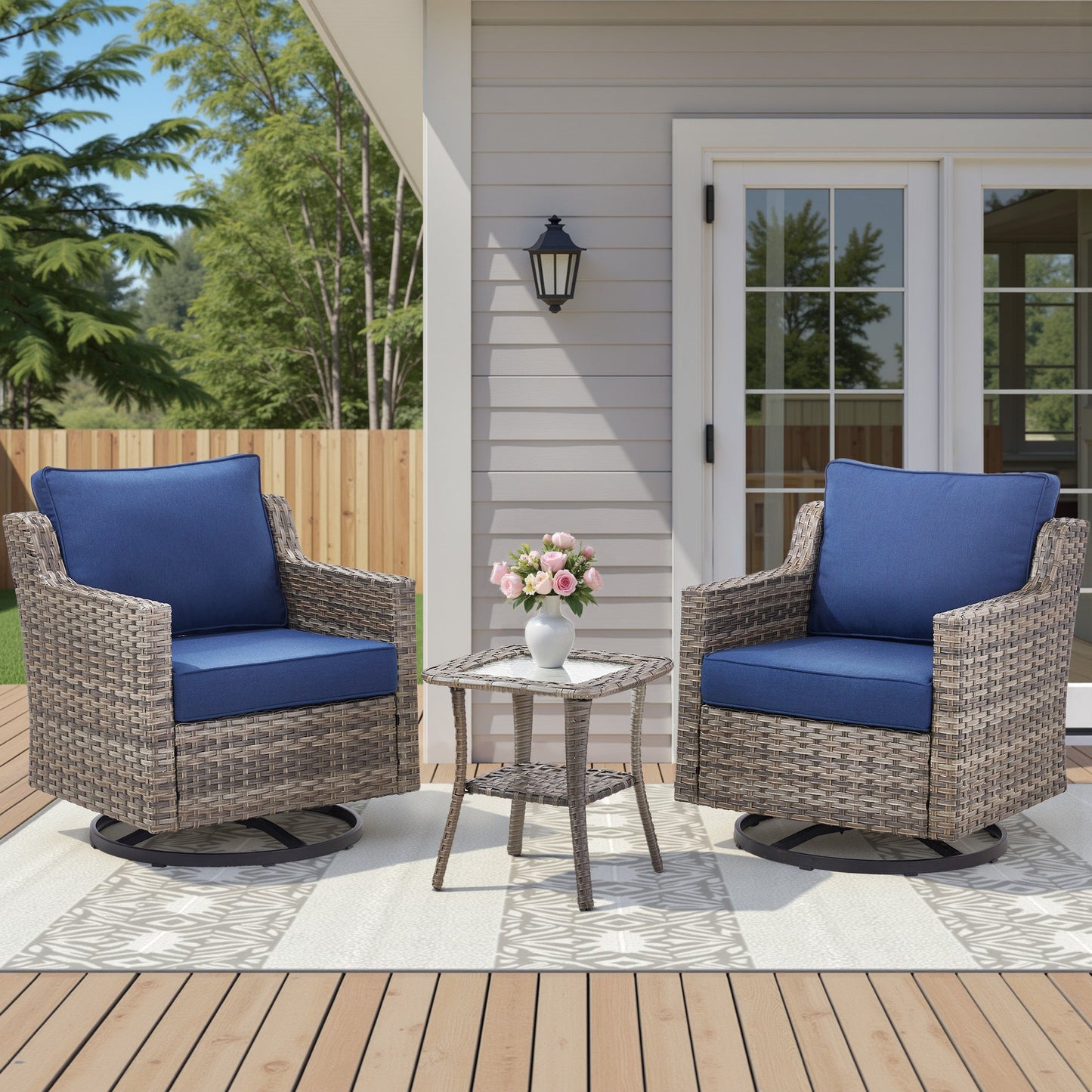 Swivel Outdoor Chairs Set of 2 with Glass-Top Side Table