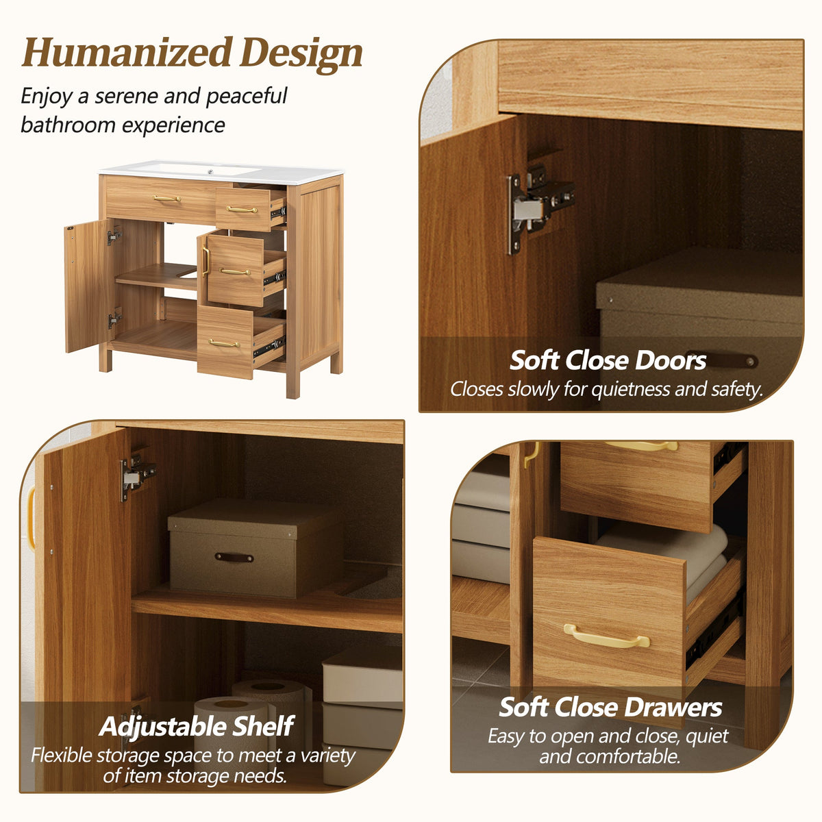 36" Wood Bathroom Vanity with Solid Wood Frame
