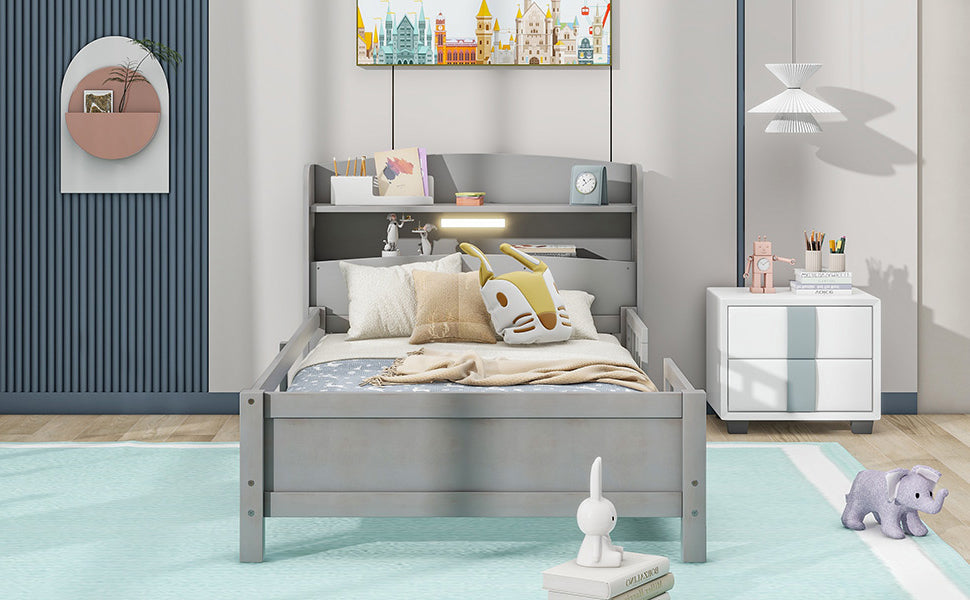 Wood Twin Size Platform Bed with Built-in LED Light, Storage Headboard and Guardrail, Antique