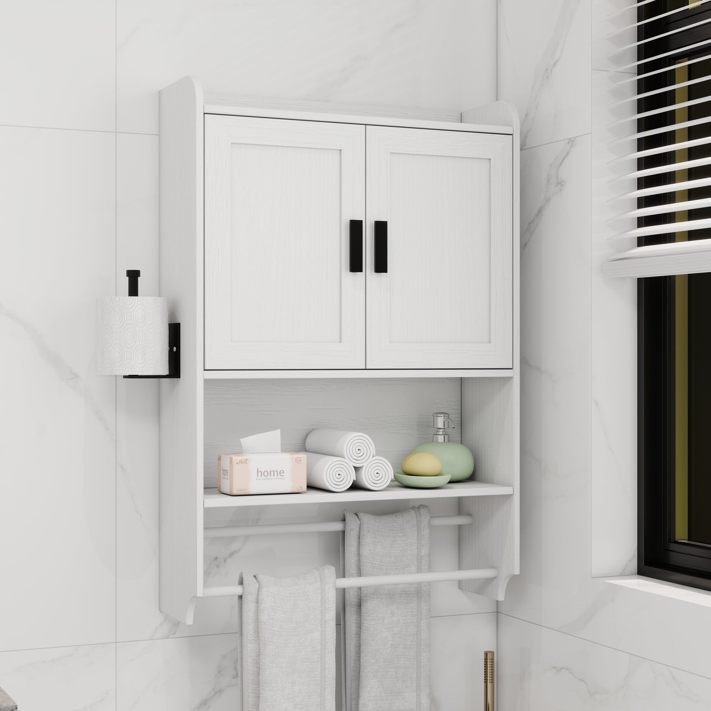 Bathroom Wall Cabinet with Doors, Adjustable Shelf, Towel Bar and Paper Holder