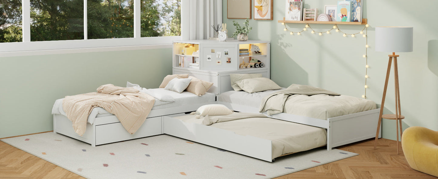L-Shaped Combination Twin Bed Frame with Trundle and Drawer