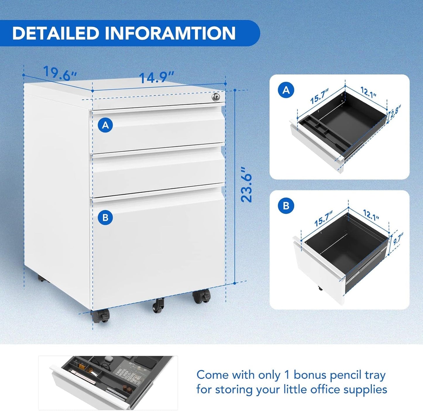 Three Drawer Mobile File Cabinet Under Desk White With Locking System For Legal Letter A4 Files