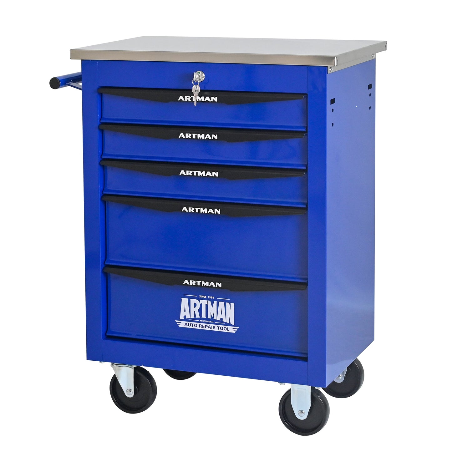 5 Drawers Multifunctional Tool Cart with Wheels,Metal Rolling Tool Cart Storage for Garage Workshop Warehouse Repair Shop--With Stainless Steel Roof- BLACK&BLUE