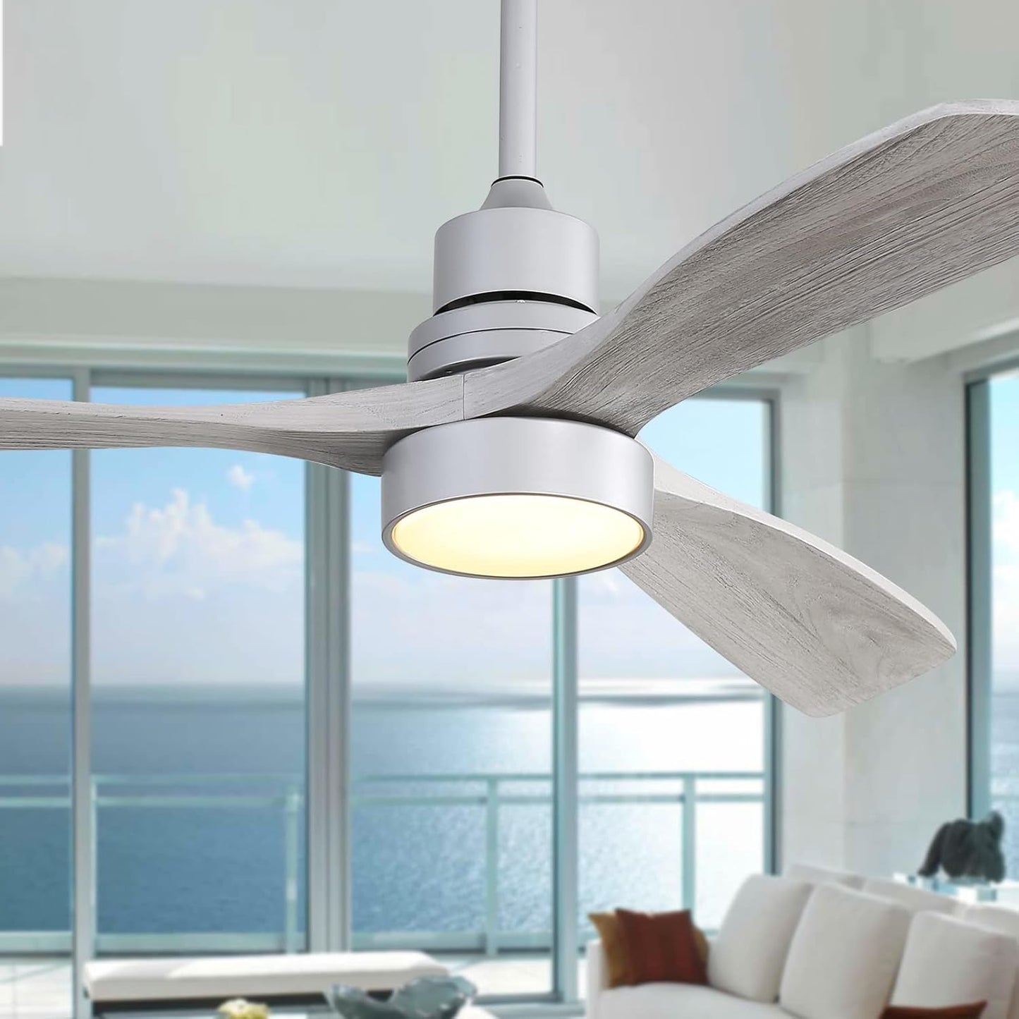52 Inch Ceiling Fan With Lights Remote Quiet DC Motor in modern living room with ocean view.