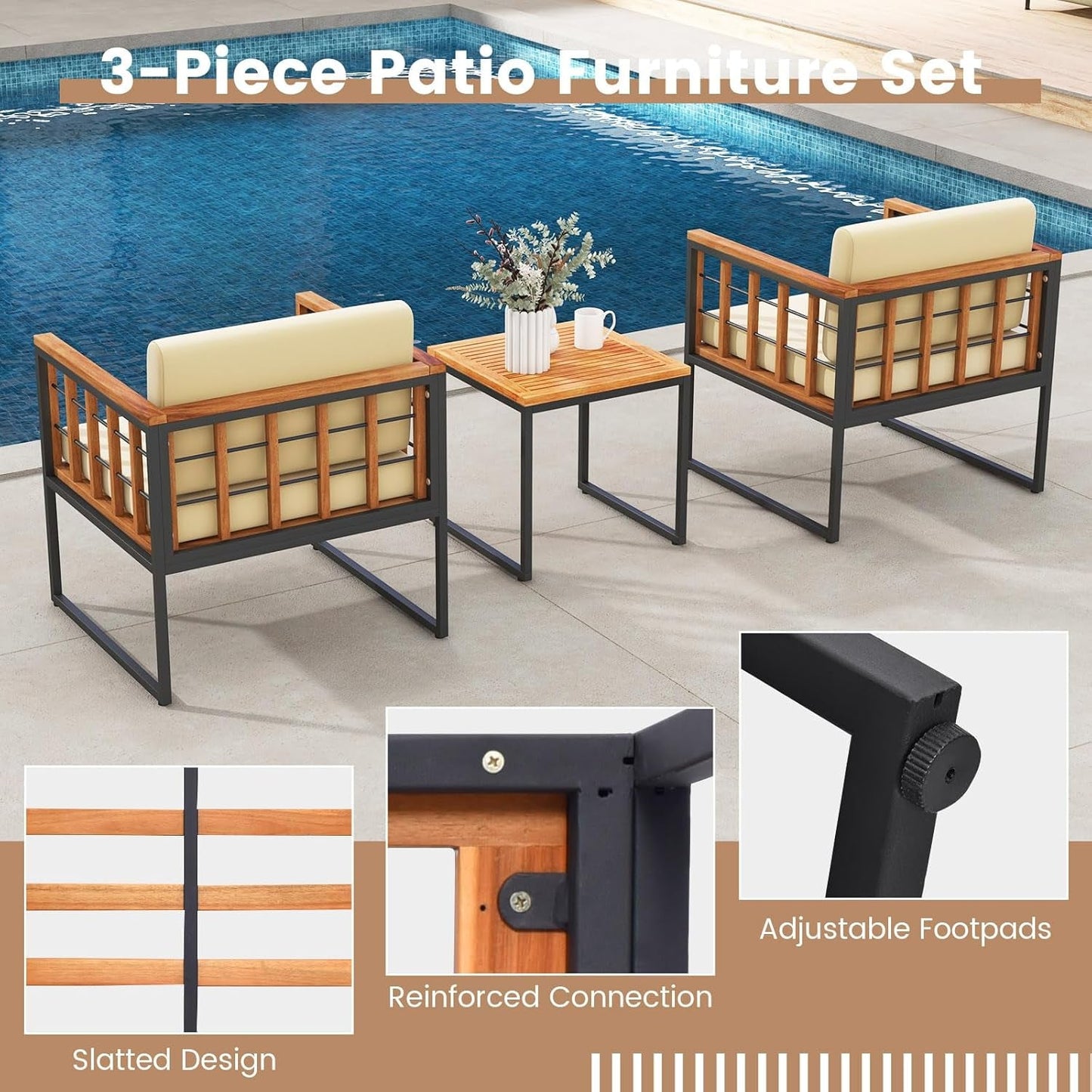 Three Piece Acacia Wood Patio Chair Set With Cushioned Seats For Balcony Porch And Backyard Beige
