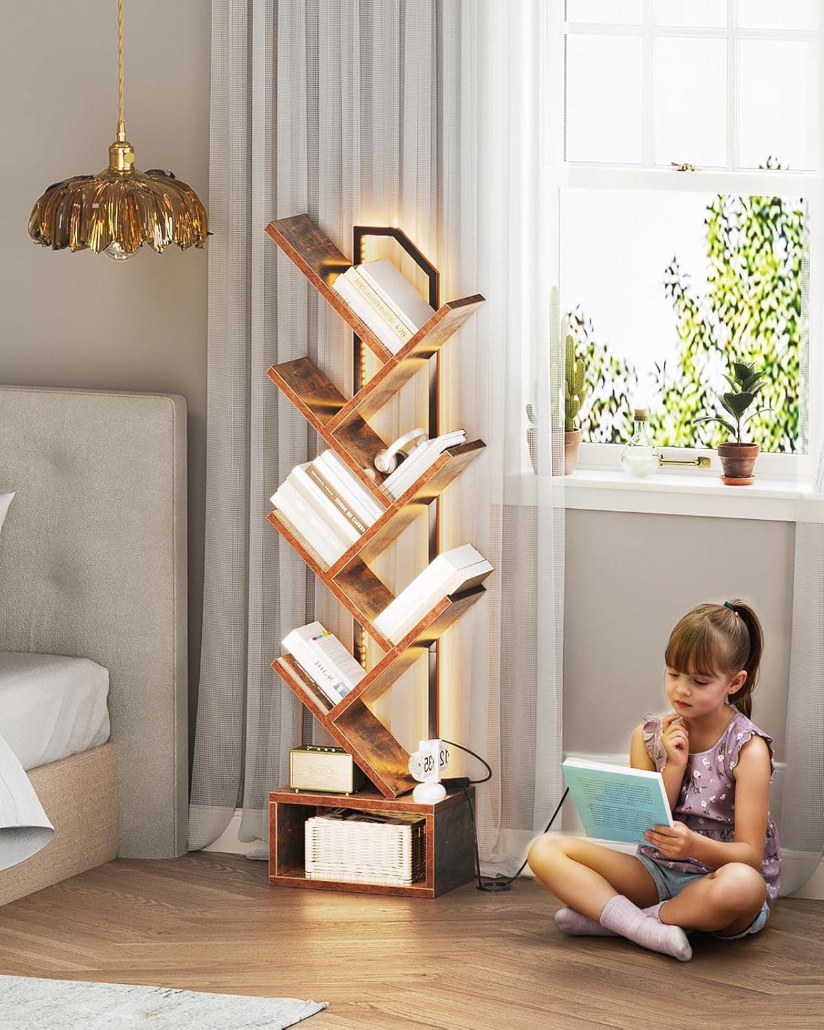 Six Tier Tree Bookshelf With LED Lights Narrow Floorstanding