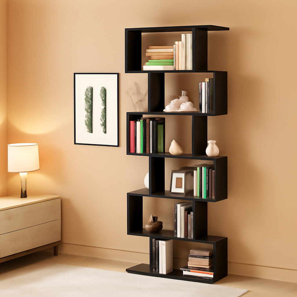 S Shaped Wooden Bookcase With Anti Toppling Device Six Tier